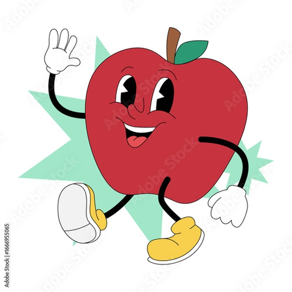 Fototapeta Groovy cartoon apple fruit character in retro 80s style for school and education illustration