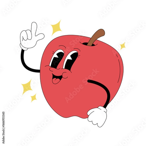 Fototapeta Groovy cartoon apple fruit character in retro 80s style for school and education illustration