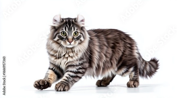 Fototapeta Playful American Curl Cat Walking on White Background