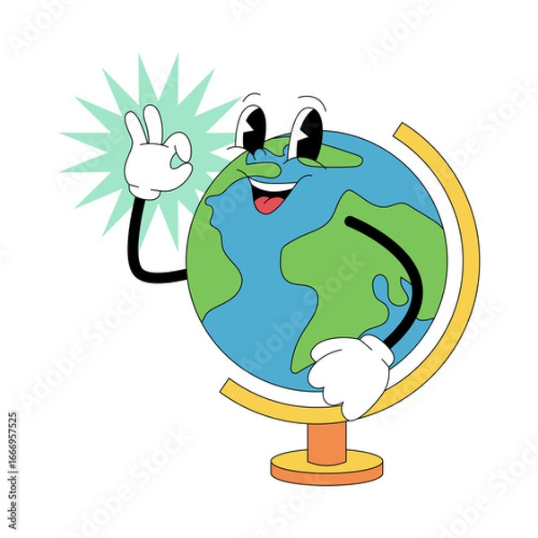 Fototapeta Groovy cartoon globe character in retro 80s style for school and education illustration