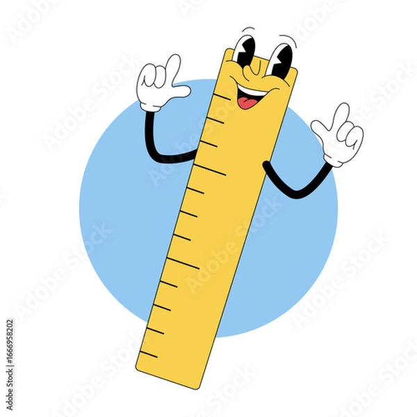 Fototapeta Groovy cartoon ruler character in retro 80s style for school and education illustration