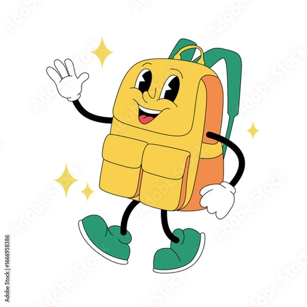Fototapeta Groovy cartoon backpack character in retro 80s style for school and education illustration