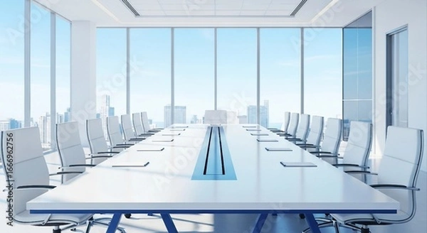 Fototapeta Conference room with long table and large windows