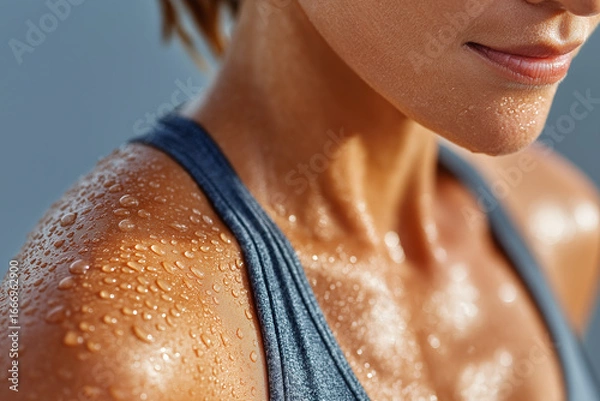 Fototapeta Sweat droplets on tanned skin of person wearing gray tank top, showing close up of shoulder and neck with healthy and active vibe