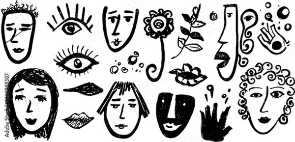 Obraz Collection of hand drawn decorative faces and surreal elements in cubist style for artistic design
