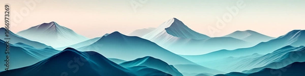 Fototapeta Minimalist icy mountain range with soft cyan and teal gradients