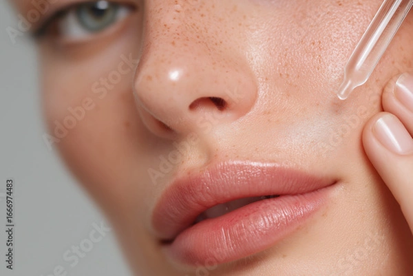 Fototapeta Close up of woman applying serum on face with dropper showing smooth skin and natural freckles beauty skincare concept