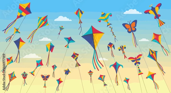 Fototapeta A vast collection of colorful kites flying in a bright sky