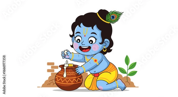 Fototapeta Cute Baby Krishna Stealing Butter From Pot