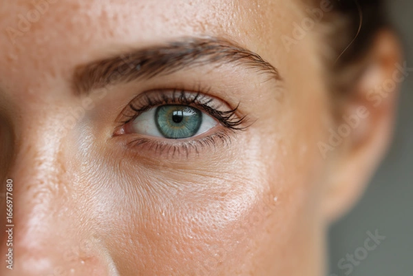 Fototapeta Close up of hydrated skin around eye with visible eyelashes and eyebrow, showing natural texture and healthy glow on face