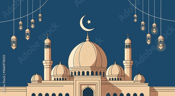 Fototapeta Islamic Mosque architecture with crescent moon and lanterns