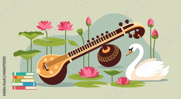 Fototapeta Saraswati Hindu goddess of knowledge music and arts with lotus and swan