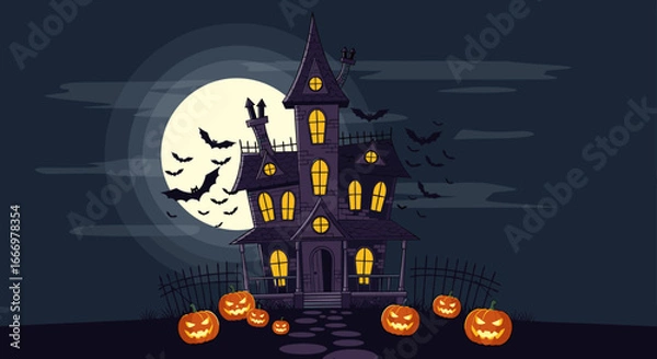 Fototapeta Spooky Haunted House Under a Full Moon with Jack-o'-Lanterns