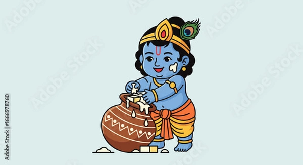 Fototapeta Cute baby Krishna eating butter from a pot