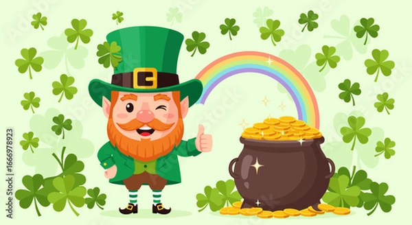 Fototapeta Lucky Irish Leprechaun with Pot of Gold and Rainbow