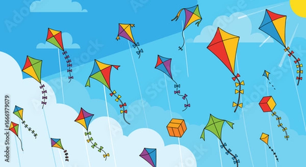 Fototapeta Colorful Kites Soaring High on a Bright Sunny Day