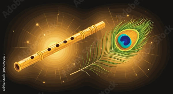 Fototapeta Mystical Golden Flute and Peacock Feather Glowing with Light