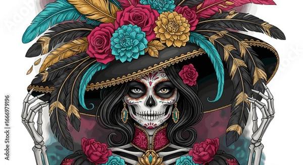 Fototapeta Elegant Skull Woman With Feathers Flowers And Ornate Hat