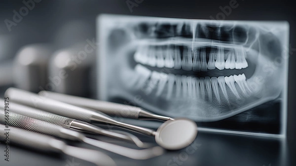 Fototapeta Dental instruments with panoramic x ray illustrating diagnosis workflow, treatment planning, and modern imaging in a professional clinic.
