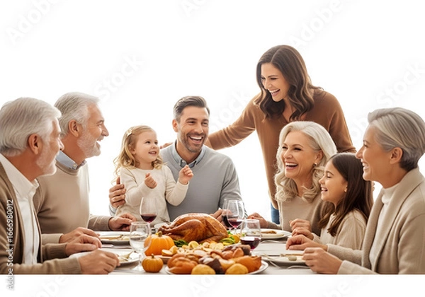 Fototapeta A joyous family gathering around a Thanksgiving dinner table, sharing laughter and food with loved ones