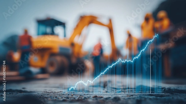 Fototapeta Excavators at a worksite with an upward performance graph, representing project progress, productivity, and investment momentum.
