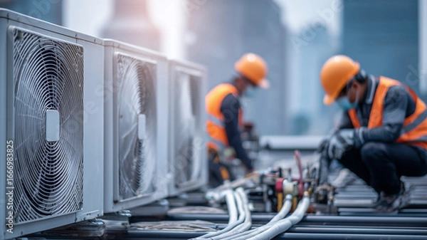 Fototapeta Technicians servicing rooftop HVAC units, conveying climate control reliability, preventive maintenance, and facility operations performance.
