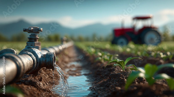 Fototapeta Irrigation pipeline delivering water to young crops in a field, illustrating sustainable agriculture and efficient resource management for food security.
