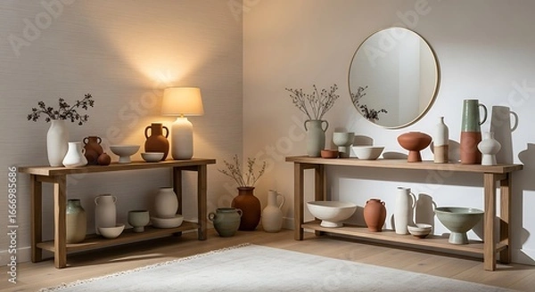 Fototapeta Modern console tables with ceramic decor