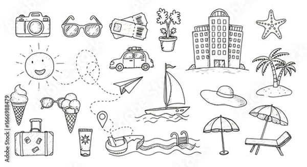 Fototapeta A Collection of Hand-Drawn Illustrations Depicting a Summer Vacation with Various Travel and Leisure Elements