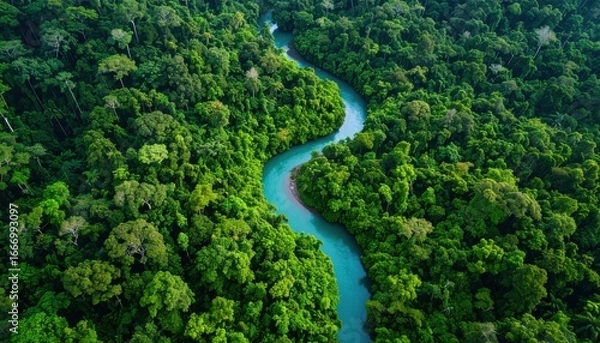 Obraz A surreal aerial view of a meandering turquoise river through a dense tropical rainforest, representing untouched nature, eco-tourism, and conservation