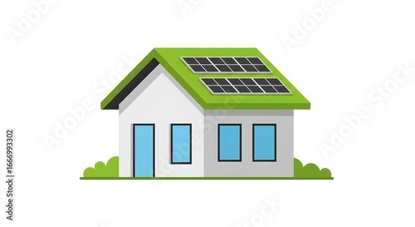 Fototapeta Eco-Friendly House with Solar Panels: Green Roof, Sustainable Home Design, Energy Efficiency Illustration