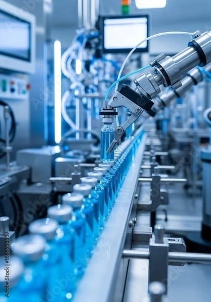 Fototapeta Automated pharmaceutical bottling line