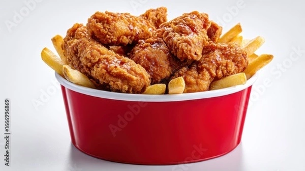 Fototapeta A bowl filled with crispy fried chicken wings and golden French fries, showcasing a delicious and hearty meal.
