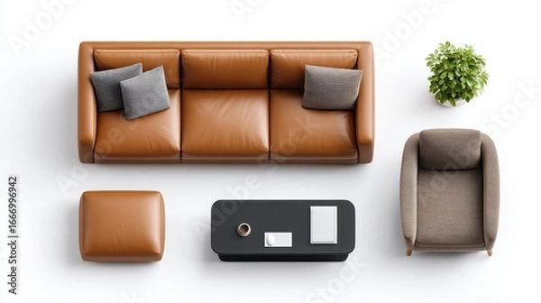 Fototapeta A modern, cozy living room setup featuring a brown leather sofa, a comfortable armchair, a coffee table, and a decorative plant.