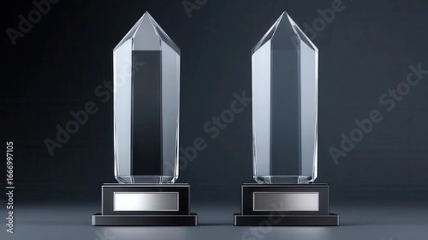 Fototapeta Two elegant crystal trophies with a sleek design, set on black bases against a dark background, symbolizing achievement and recognition.
