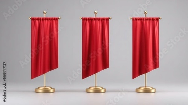 Fototapeta Three elegant red banners on golden stands, showcasing smooth, flowing fabric against a minimalist background.