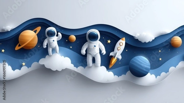Fototapeta A whimsical illustration of astronauts, planets, and a rocket floating through a starry space landscape with clouds and vibrant colors.