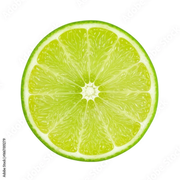 Obraz A pristine, freshly cut lime slice displaying translucent juicy pulp and vibrant green rind, wet, razor-sharp focus, isolated on transparent background, negative space. Concept of natural refreshment