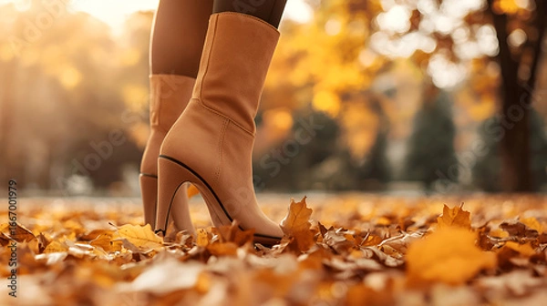 Fototapeta Young woman's legs in black leather boots walking in autumn day. Sidewalk covered with fallen colorful, fresh and lush maple leaves. Side view.