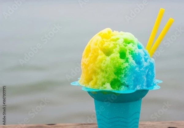 Fototapeta Hawaiian Shaved Ice in Blue Cup with Colorful Syrup – Summer Dessert by the Sea