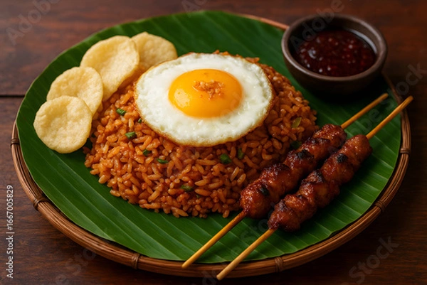 Fototapeta Indonesian Nasi Goreng with Fried Egg, Satay, Crackers, and Sambal
