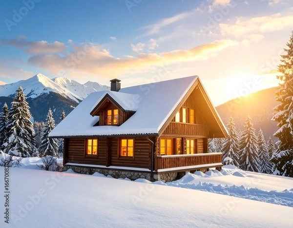 Fototapeta Cozy cabin with snowy mountains, and sunset.