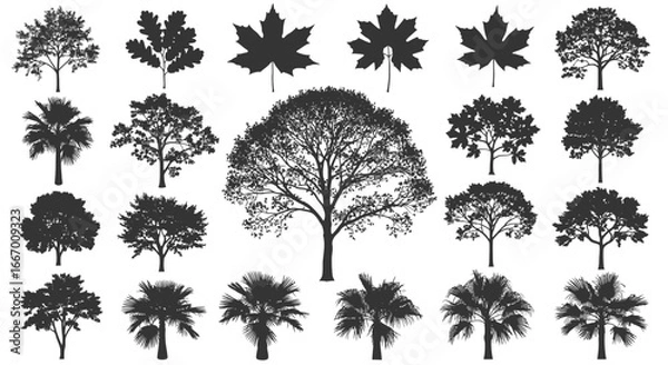 Fototapeta Diverse collection of elegant tree silhouettes and maple leaves, perfect for design.