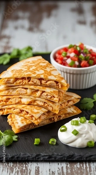 Fototapeta Chicken quesadillas with salsa and sour cream