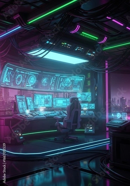 Fototapeta Futuristic control room with glowing displays