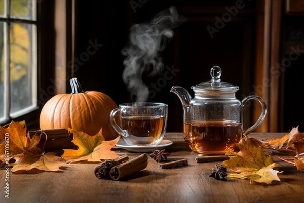 Fototapeta Steaming tea cup, teapot, pumpkin and autumn leaves sit on wooden table near window
