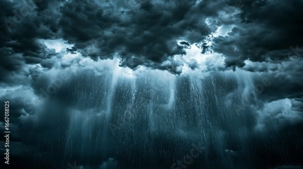 Fototapeta large, heavy clouds, a storm is approaching, over beautiful, steep snow-capped mountains generative ai