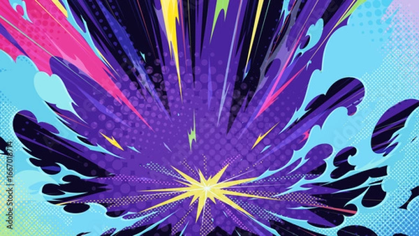 Fototapeta グラフィティ風のカラフルでポップな着地の衝撃の煙と衝撃の光の背景イラスト_16:9