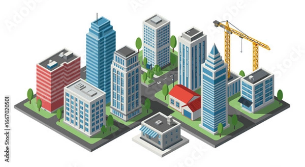 Fototapeta Isometric cityscape with modern buildings and construction crane in urban setting