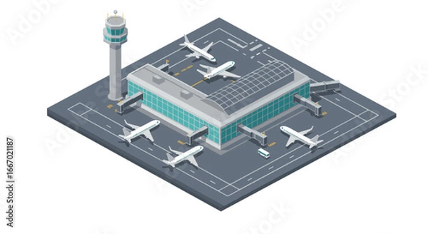 Fototapeta Modern isometric airport terminal with airplanes and control tower